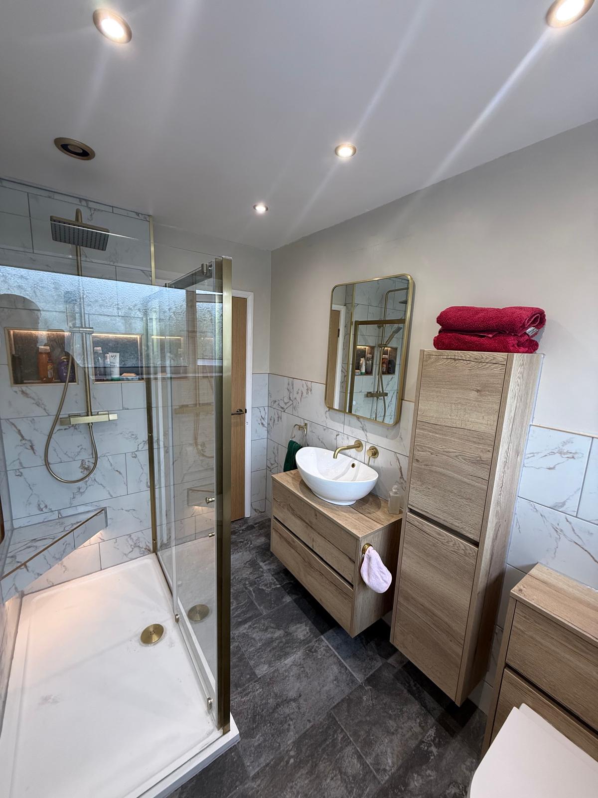 Completed bathroom with glass shower enclosure - New Bathroom Kinmel Bay, North Wales