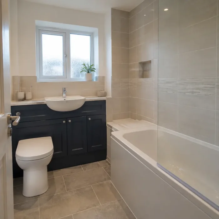 Family bathroom refurbishment with fitted bath and storage in Rhyl