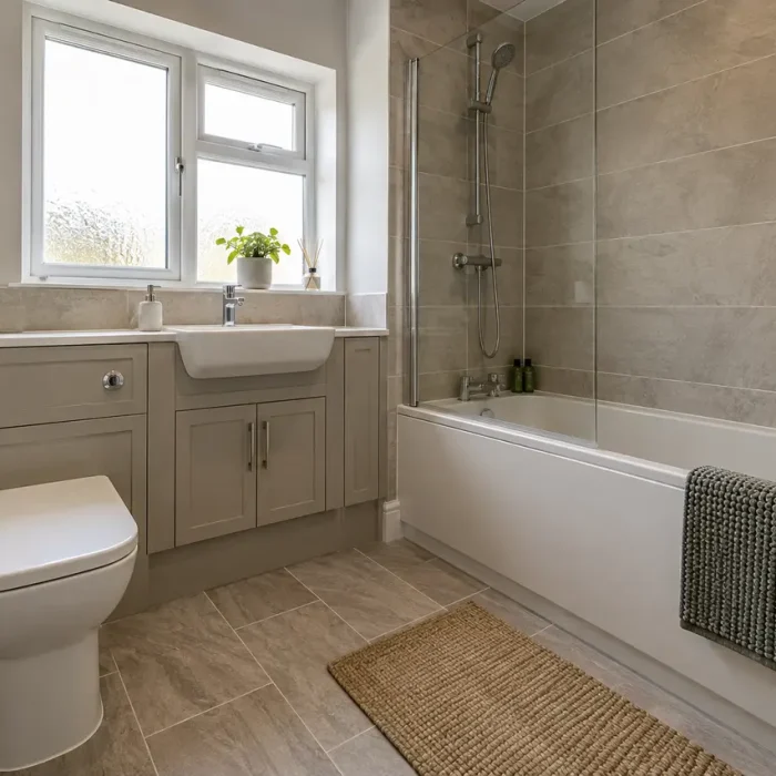 Bathroom with fitted storage and bath installation in Kinmel Bay