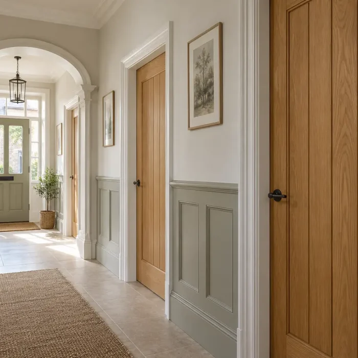 Oak internal doors and hallway wall panelling in a North Wales home